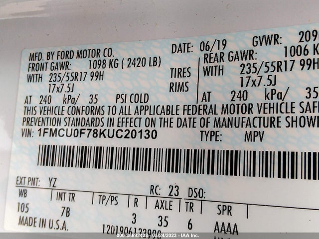 2019 FORD ESCAPE S VIN: 1FMCU0F78KUC20130