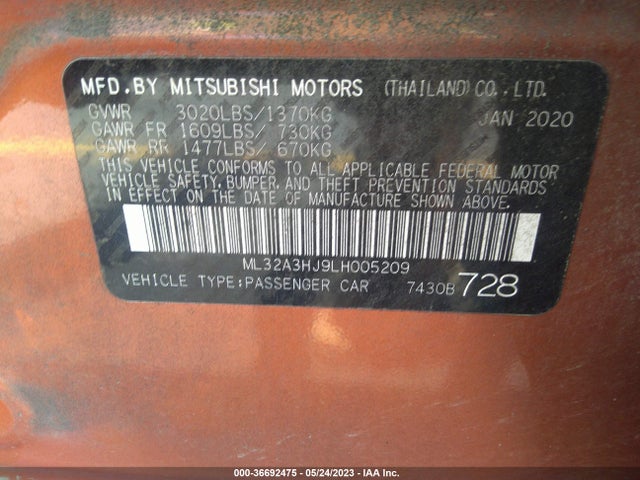 2020 MITSUBISHI MIRAGE ES/SE VIN: ML32A3HJ9LH005209