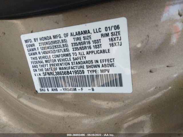 2006 HONDA ODYSSEY EX-L VIN: 5FNRL38656B419559