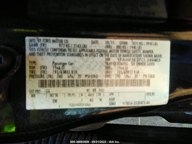 2012 FORD FOCUS S VIN: 1FAHP3E27CL249463