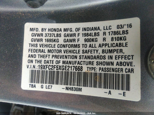Honda Civic Sedan Lx 2016 19XFC2F5XGE217668 Image 9