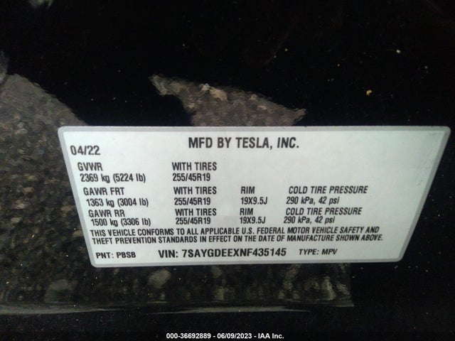 2022 TESLA MODEL Y LONG RANGE VIN: 7SAYGDEEXNF435145