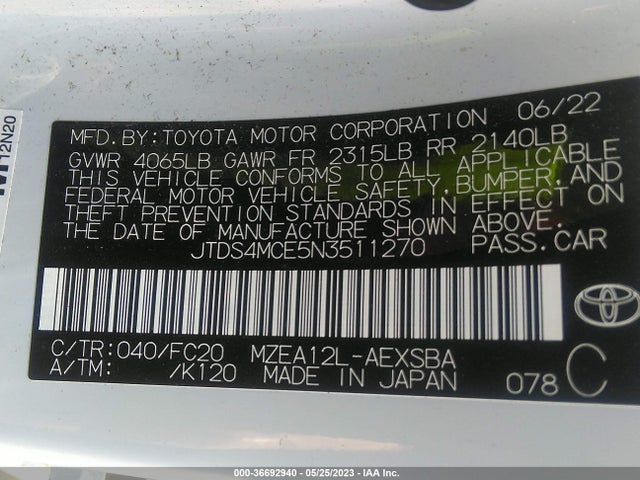 2022 TOYOTA COROLLA SE/SE NIGHTSHADE/APEX SE VIN: JTDS4MCE5N3511270