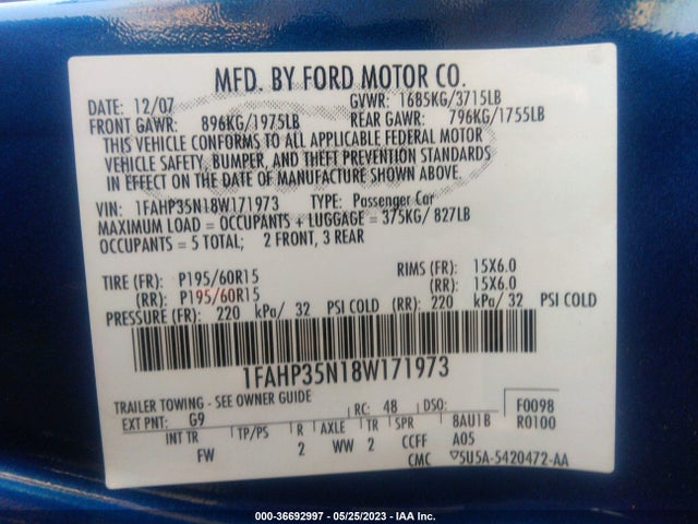 2008 FORD FOCUS SE/SES VIN: 1FAHP35N18W171973