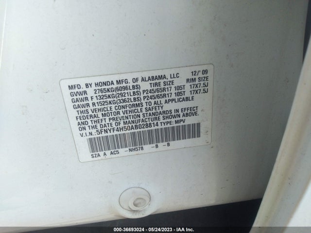 2010 HONDA PILOT EX-L VIN: 5FNYF4H50AB028814