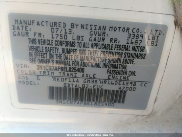 3N1CN7AP8EL825400 Nissan VERSA SV