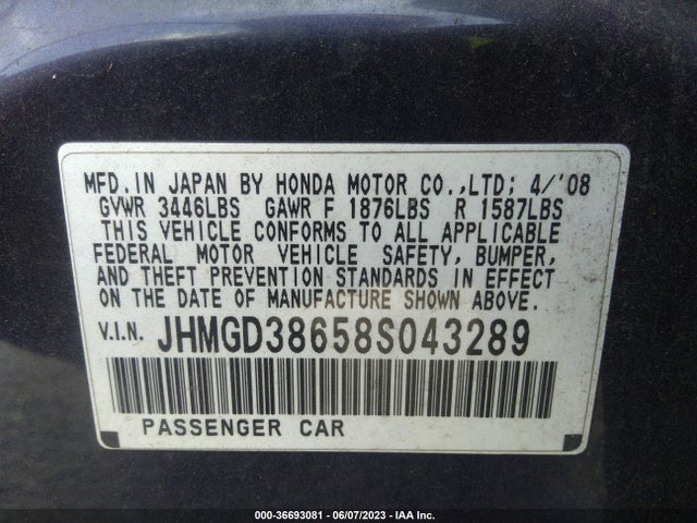 2008 HONDA FIT SPORT VIN: JHMGD38658S043289