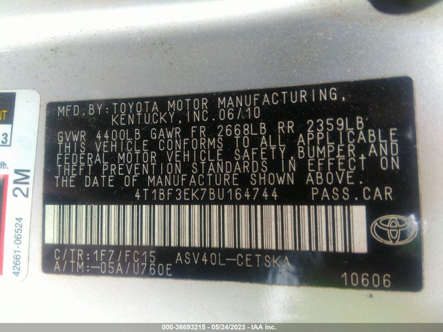2011 TOYOTA CAMRY VIN: 4T1BF3EK7BU164744