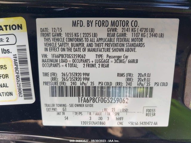 2016 FORD MUSTANG GT VIN: 1FA6P8CF0G5259062