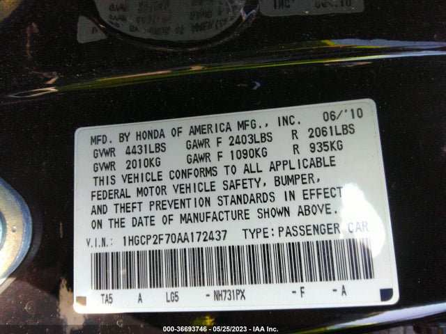 2010 HONDA ACCORD SDN EX VIN: 1HGCP2F70AA172437
