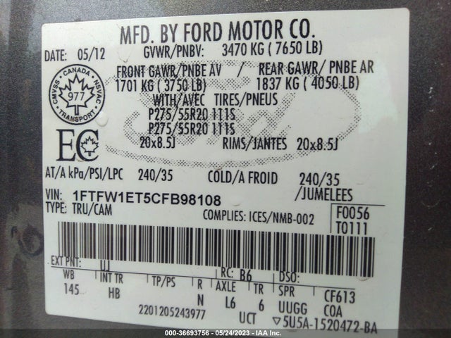 2012 FORD F-150 XL/XLT/FX4/LARIAT VIN: 1FTFW1ET5CFB98108