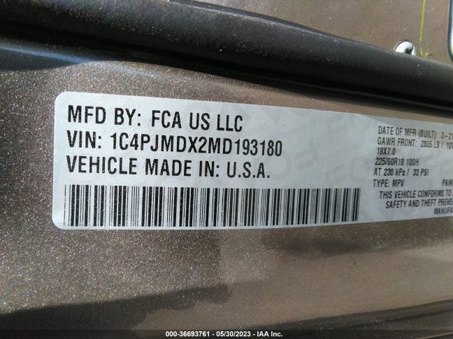 1C4PJMDX2MD193180 Jeep Cherokee Limited