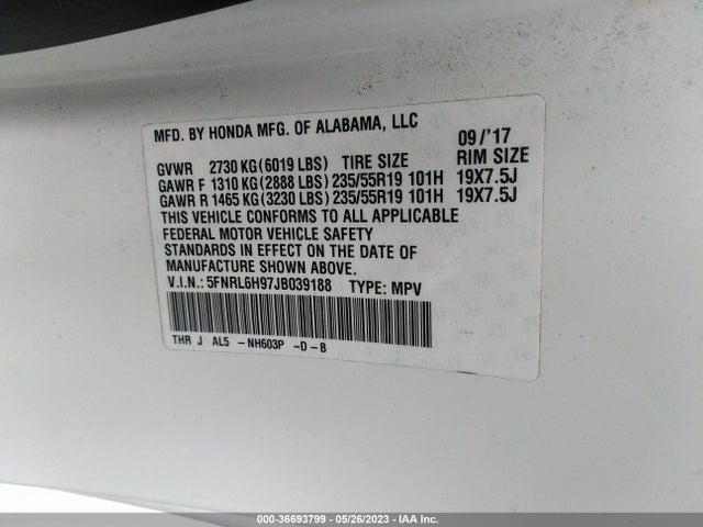 2018 HONDA ODYSSEY ELITE VIN: 5FNRL6H97JB039188