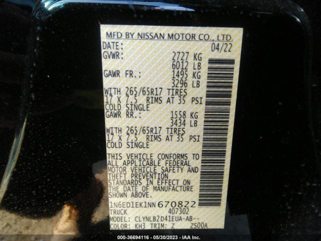 1N6ED1EK1NN670822 Nissan Frontier S/sv/pro-4x