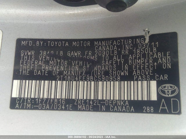 2011 TOYOTA COROLLA L/LE/S VIN: 2T1BU4EE9BC590958