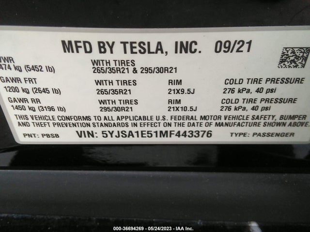 Tesla Model S Long Range 2021 5YJSA1E51MF443376 Image 11