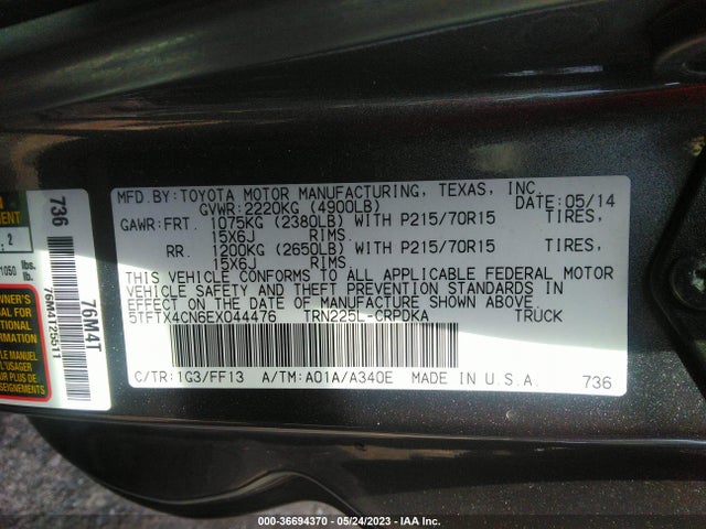 2014 TOYOTA TACOMA VIN: 5TFTX4CN6EX044476
