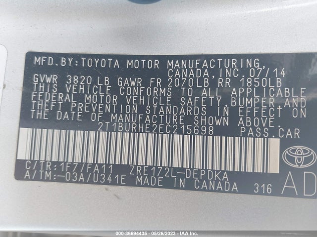 Toyota Corolla L/le/s/s Plus/le Plus 2014 2T1BURHE2EC215698 Image 9
