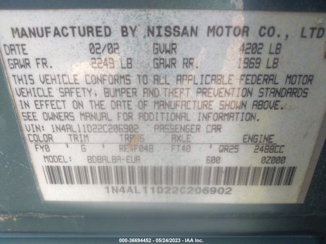 2002 NISSAN ALTIMA SL VIN: 1N4AL11D22C206902