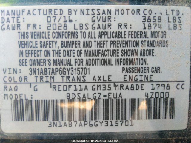 3N1AB7AP6GY315701 Nissan SENTRA SL