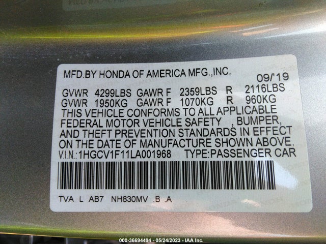 2020 HONDA ACCORD SEDAN LX VIN: 1HGCV1F11LA001968