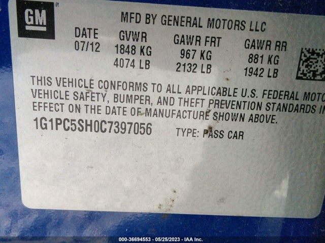 2012 CHEVROLET CRUZE LS VIN: 1G1PC5SH0C7397056