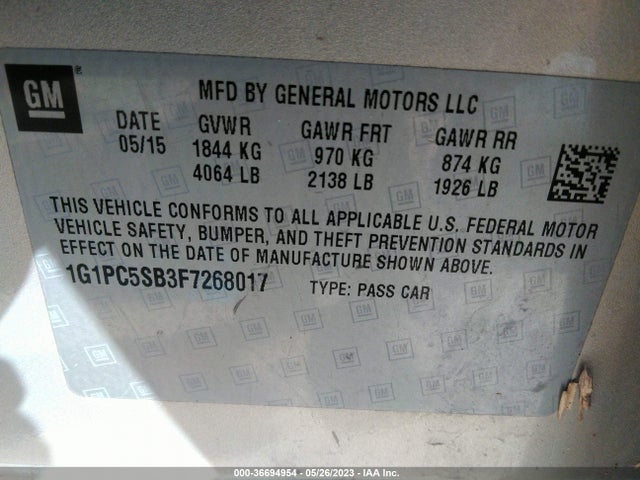 2015 CHEVROLET CRUZE LT VIN: 1G1PC5SB3F7268017