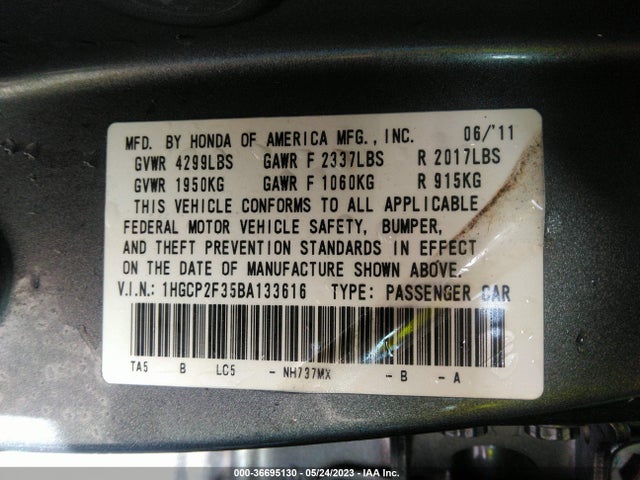 2011 HONDA ACCORD SDN LX VIN: 1HGCP2F35BA133616