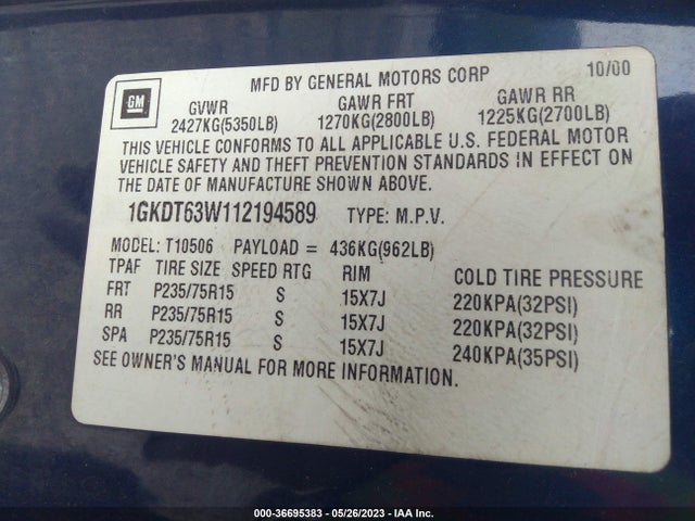2001 GMC JIMMY DIAMOND EDITION VIN: 1GKDT63W112194589