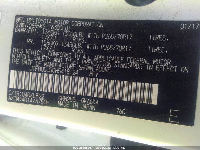 Toyota 4RUNNER SR5 2017 JTEBU5JR0H5418124 Image 9