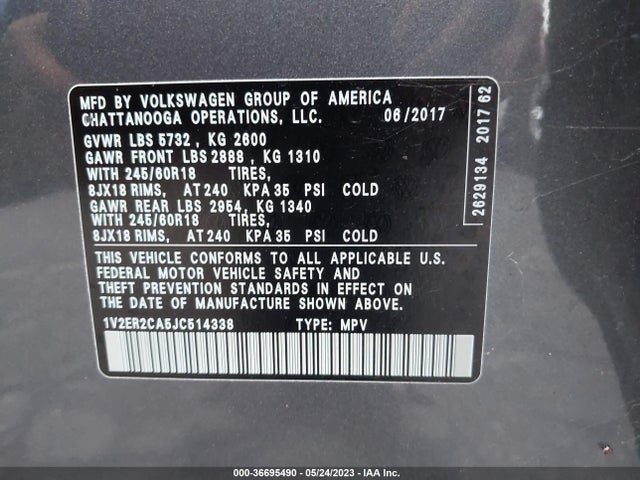 1V2ER2CA5JC514338 Volkswagen Atlas 3.6l V6 Sel