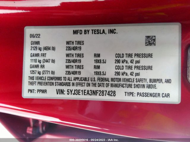 5YJ3E1EA3NF287428 Tesla MODEL 3