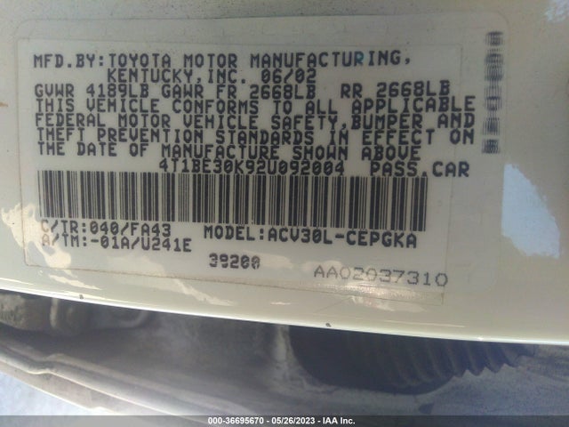 2002 TOYOTA CAMRY LE/SE/XLE VIN: 4T1BE30K92U092004