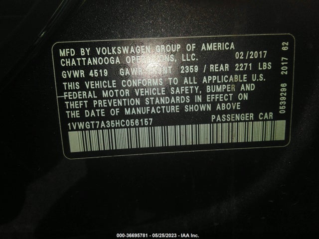 1VWGT7A35HC056157 Volkswagen Passat 1.8t Se W/technology