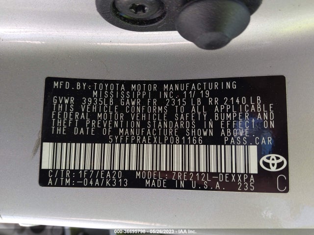 2020 TOYOTA COROLLA XLE VIN: 5YFFPRAEXLP081166