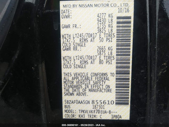 2016 Nissan NV, VIN: 5BZAF0AA5GN855610