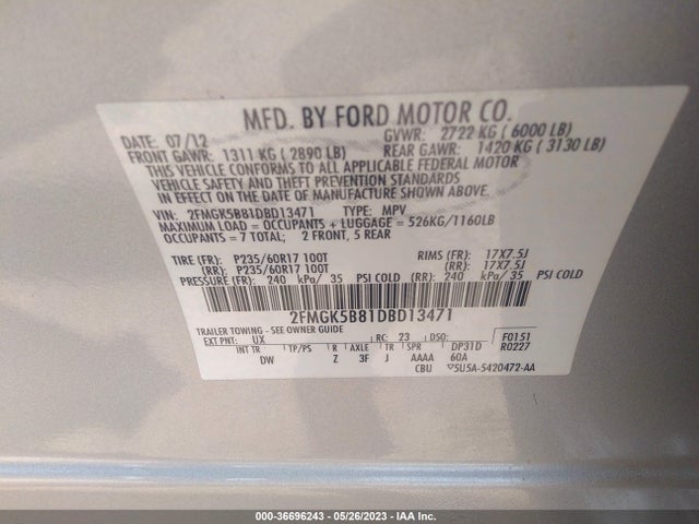 2013 FORD FLEX SE VIN: 2FMGK5B81DBD13471