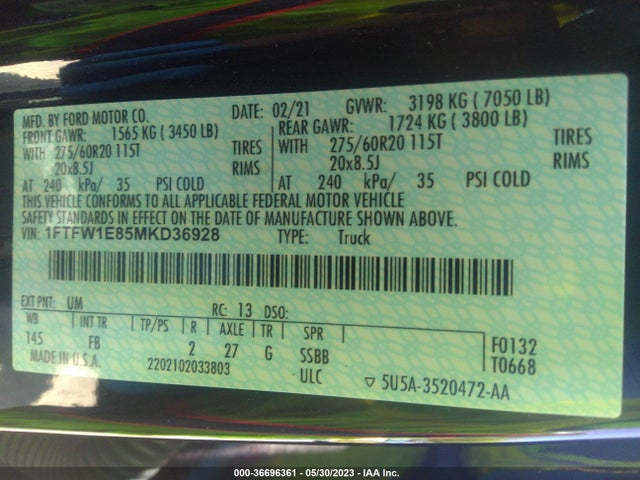 2021 Ford F-150, VIN: 1FTFW1E85MKD36928