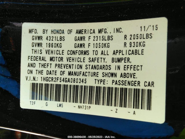 2016 HONDA ACCORD SEDAN SPORT VIN: 1HGCR2F54GA080345