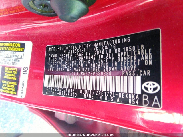 Toyota Corolla L/le/s/s Plus/le Plus 2016 5YFBURHE2GP559390 Image 9
