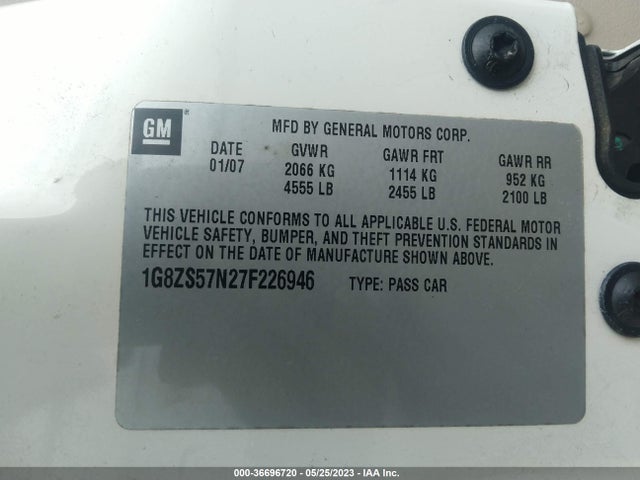 36696720 :رقم المزاد ، 1G8ZS57N27F226946 vin ، 2007 Saturn Aura Xe مزاد بيع