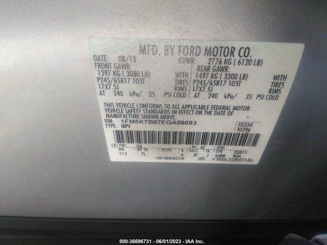 2014 FORD EXPLORER BASE VIN: 1FM5K7B87EGA58693