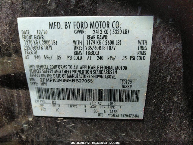 2017 FORD EDGE TITANIUM VIN: 2FMPK3K96HBB27055