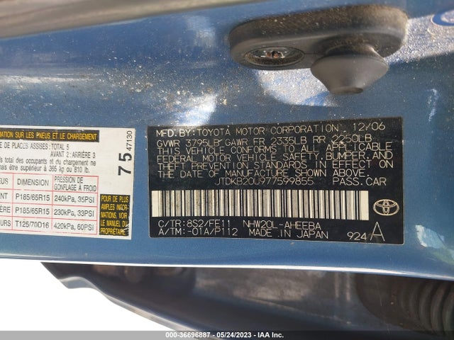 2007 TOYOTA PRIUS VIN: JTDKB20U977599855