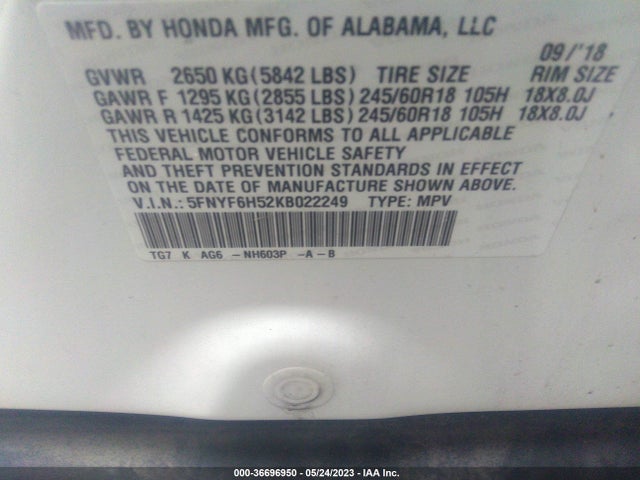 Honda Pilot Ex-l 2019 5FNYF6H52KB022249 Image 8