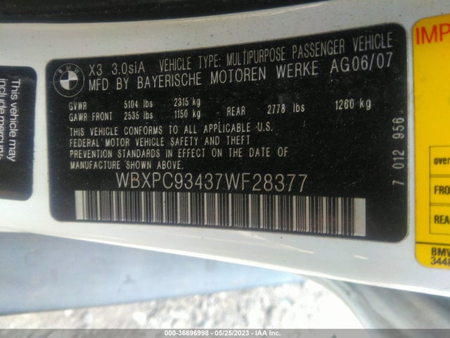 2007 BMW X3 3.0SI VIN: WBXPC93437WF28377