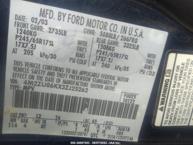2003 MERCURY MOUNTAINEER CONVENIENCE/LUXURY VIN: 4M2ZU86KX3ZJ25262