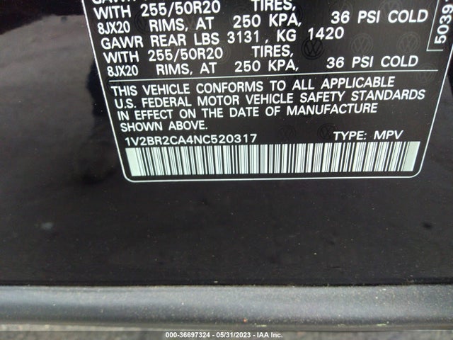 1V2BR2CA4NC520317 Volkswagen Atlas 3.6l V6 Sel