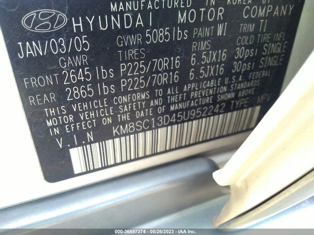 2005 HYUNDAI SANTA FE GLS VIN: KM8SC13D45U952242