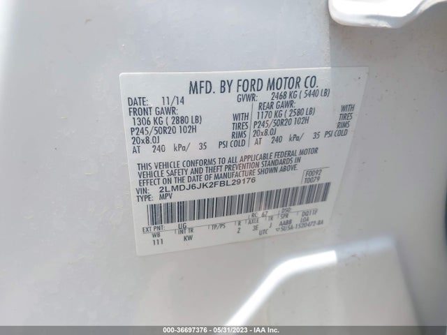 2015 Lincoln MKX, VIN: 2LMDJ6JK2FBL29176